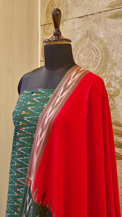 Ikkat Pochampally Pure Cotton Salwar Material - BottleGreen With Red