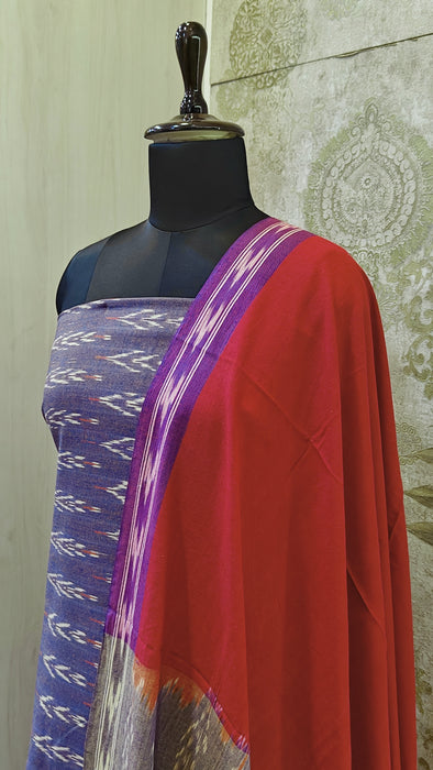 Ikkat Pochampally Pure Cotton Salwar Material -LightPurple With Red