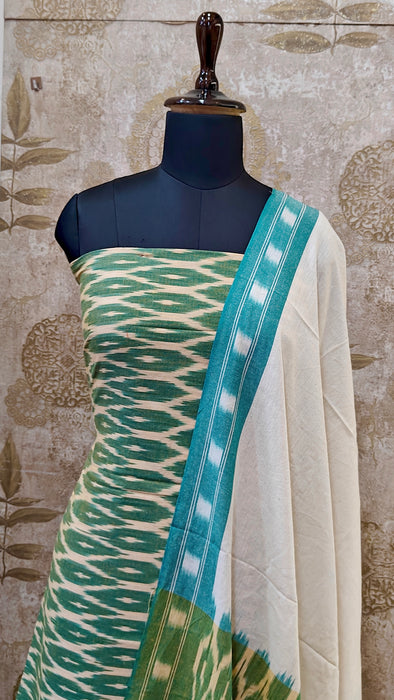Ikkat Pochampally Pure Cotton Salwar Material -OliveGreen With White