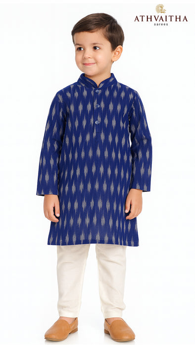 Boys Handloom Ikkat Cotton Kurta 1 Year – Blue Multicolor Print