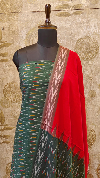 Ikkat Pochampally Pure Cotton Salwar Material - BottleGreen With Red