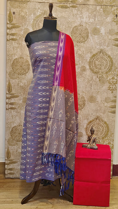 Ikkat Pochampally Pure Cotton Salwar Material -LightPurple With Red