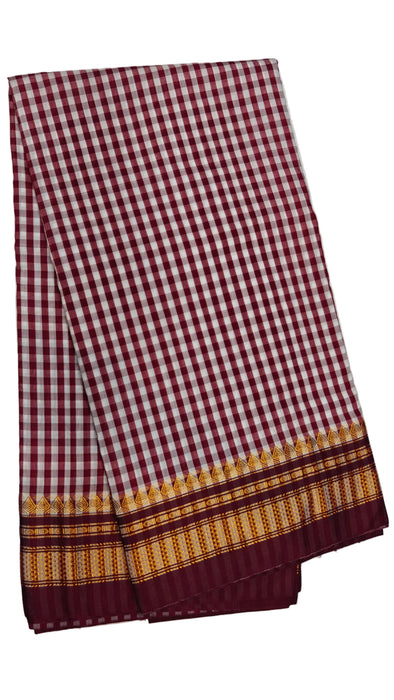 Timeless Ilkal Tradition, Woven with Zari Elegance -Maroon & White Checks with a Golden Zari