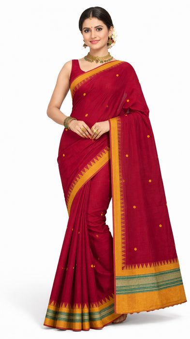 Rani Rich Cotton Saree – Maroon With Orange Thread Border
