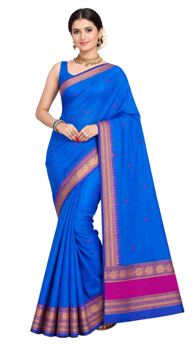 Rani Rich Cotton Saree – InkBlue With Magenta Thread Border