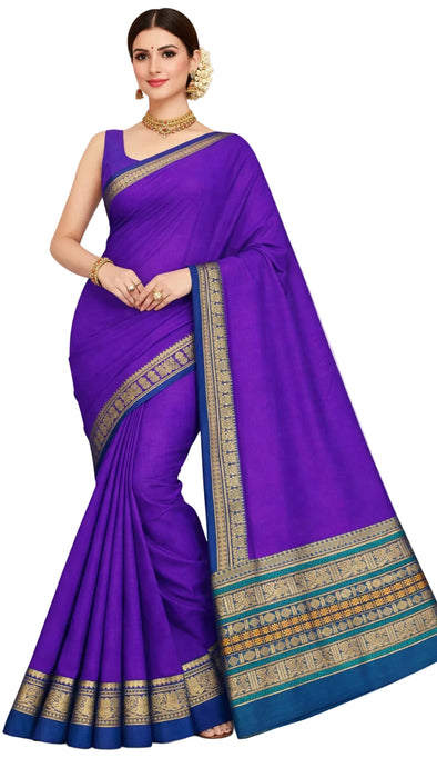 Rani Rich Cotton Saree – Violet With Green Zari Border