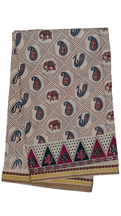 Rani Sungudi Cotton Sarees Double Side Border Elepant  Peacock-Offwhite