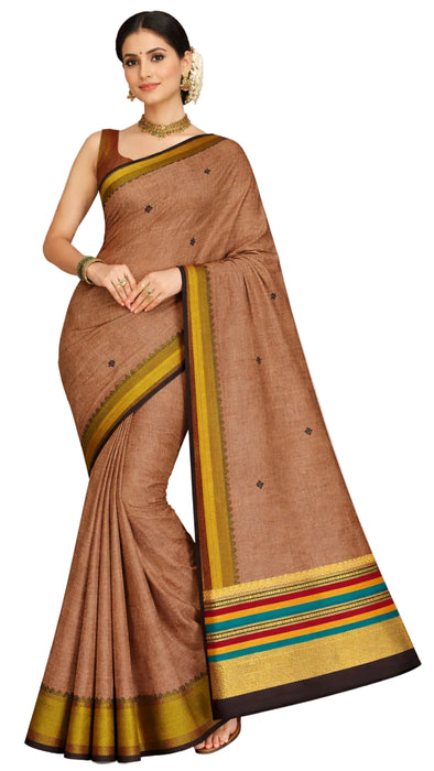 Rani Handloom Rich Cotton Saree – Brown Zari Border