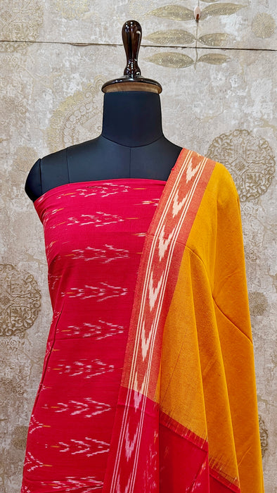 Ikkat Pochampally Pure Cotton Salwar Material -Red With Orange
