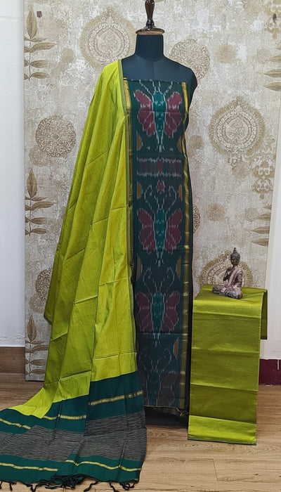 Ikkat Sico Silk Cotton Salwar Material - BottleGreen With OliveGreen