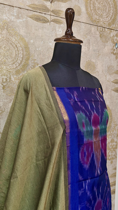 Ikkat Sico Silk Cotton Salwar Material -NavyBlue With Beige