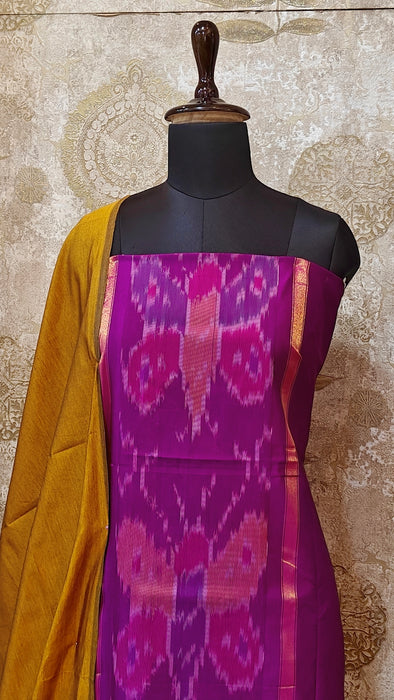 Ikkat Sico Silk Cotton Salwar Material - Magenta With Mustard