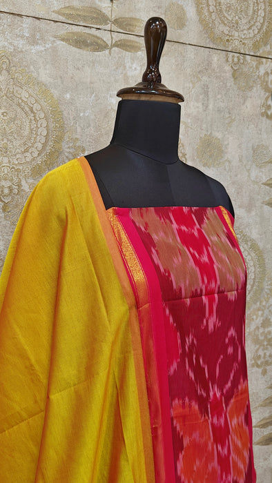 Ikkat Sico Silk Cotton Salwar Material - Pink With GoldYellow
