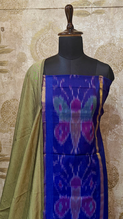 Ikkat Sico Silk Cotton Salwar Material -NavyBlue With Beige