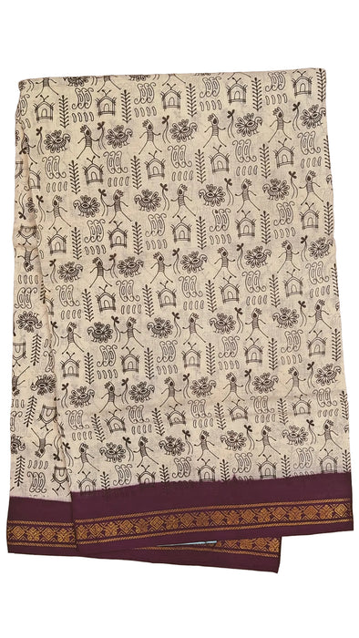 Rani Sungudi Cotton Sarees Double Side Zari Border WarliPrint -Offwhite-Purple