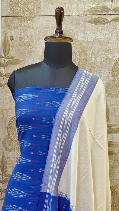 Ikkat Pochampally Pure Cotton Salwar Material -DarkBlue With White