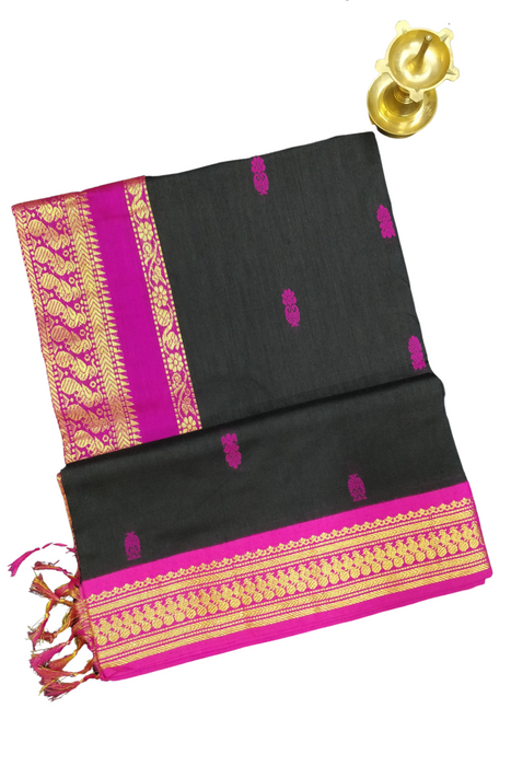 Kalyani Cotton Butta Gold-Black With Pink