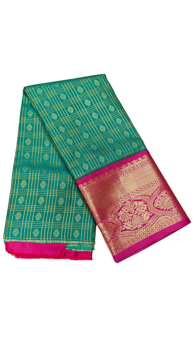 Pattu pavadai sattai Material and Langa blouse for kids and women-Peacock Green with Rani Pink