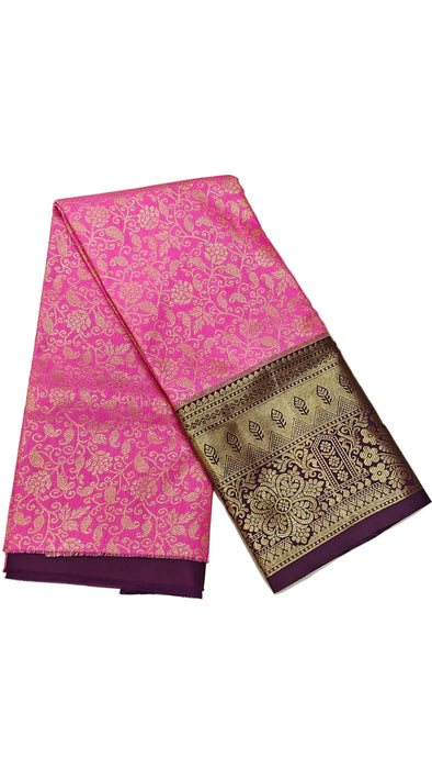 Pattu pavadai sattai Material and Langa blouse for kids and women-Rani Pink with Deep Purple