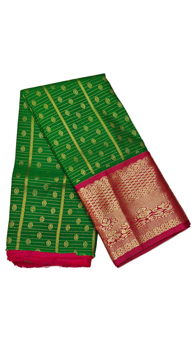 Pattu pavadai sattai Material and Langa blouse for kids and women-Bottle Green with Rani Pink