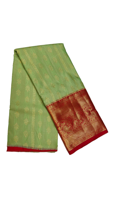 Pattu pavadai sattai Material and Langa blouse for kids and women-Pista Green with Red
