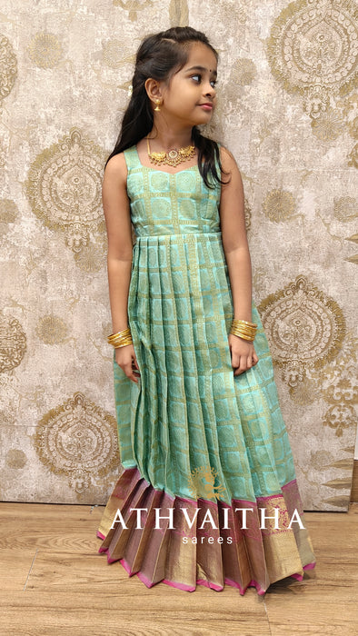 Thara Sea Blue Traditional Kids Maxi Gown With Rani Pink Jacket