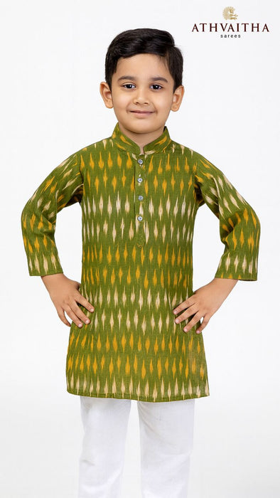 Boys Handloom Ikkat Cotton Kurta 5 Years – Green