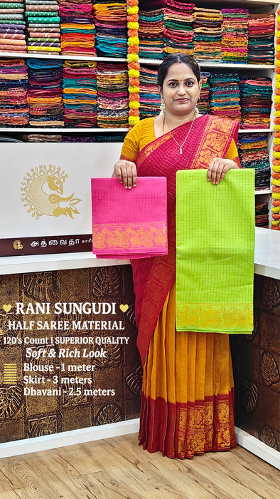Rani Sungudi Half Saree Material Gold Zari-SnehaGreen-Pink