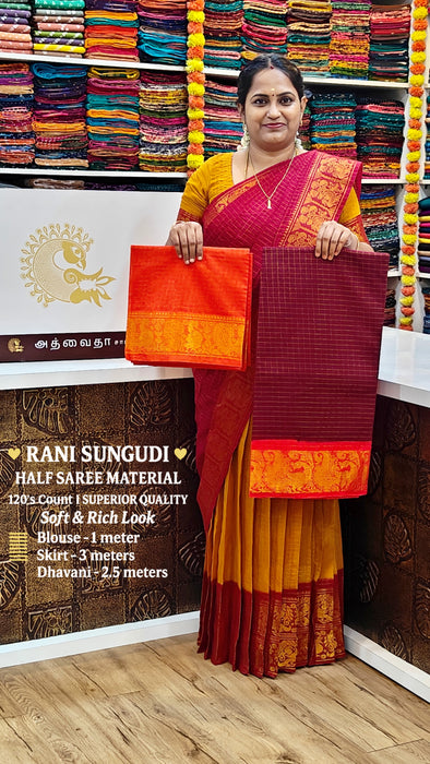 Rani Sungudi Half Saree Material Gold Zari-CoffeeBrown-Red