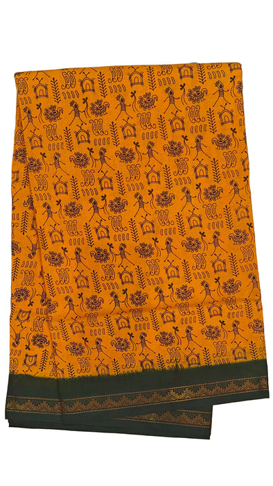 Rani Sungudi Cotton Sarees Double Side Zari Border WarliPrint -Yellow-BottleGreen