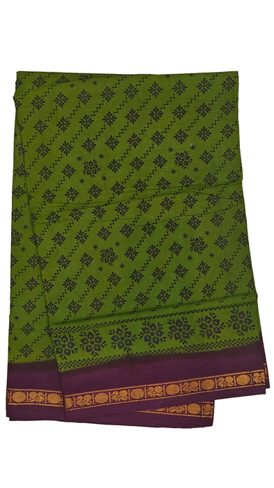 Rani Sungudi Cotton Sarees Double Side Zari Border Small Flower Print-OliveGreen-Purple