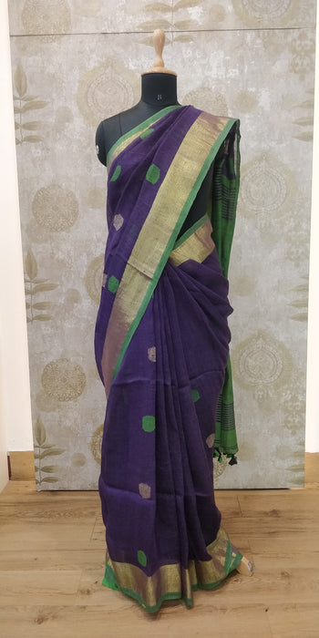 Handloom- Linen Ball Jamdani-100's - Violet With Green