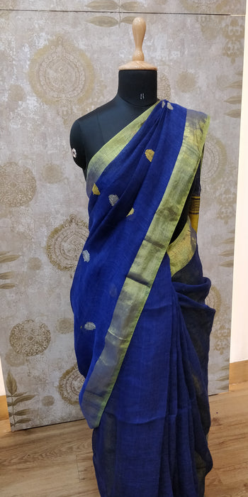 Handloom- Linen Ball Jamdani-100's -  R.Blue With Yellow