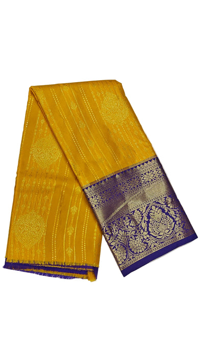 Pattu pavadai sattai Material and Langa blouse for kids and women-Mustard Yellow with Royal Blue