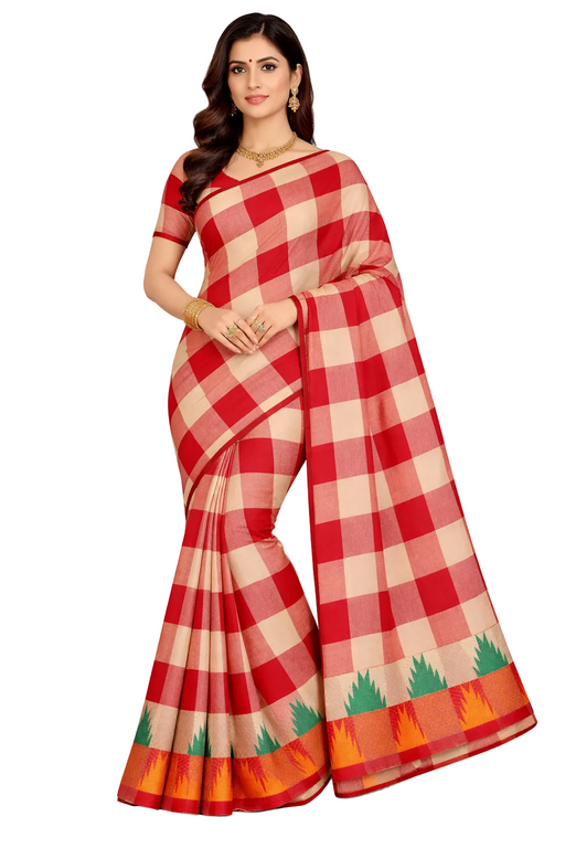 A model draped in a vibrant red and yellow checked Chettinad cotton saree with a contrasting temple border.