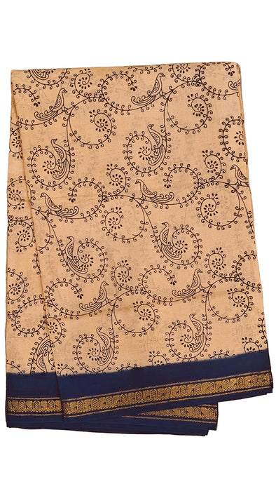Rani Sungudi Cotton Sarees Double Side Zari Border Parrot Print-Sandal-Blue