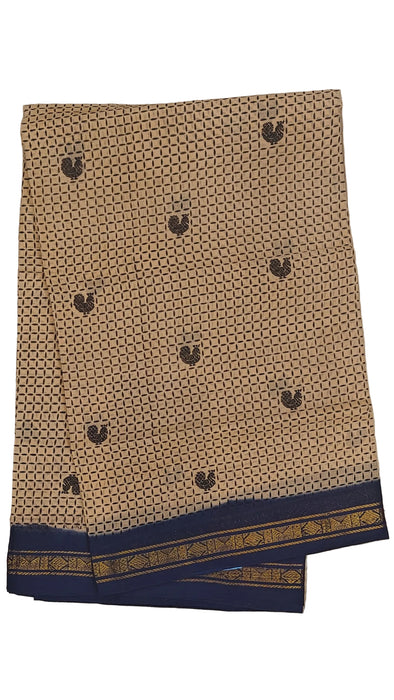 Rani Sungudi Cotton Sarees Double Side Zari Border Small mayil Print-Sandal-DarkBlue