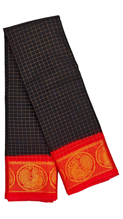 Rani Sungudi Cotton Zari Checks Contrast Double Side Boder -Black-Red