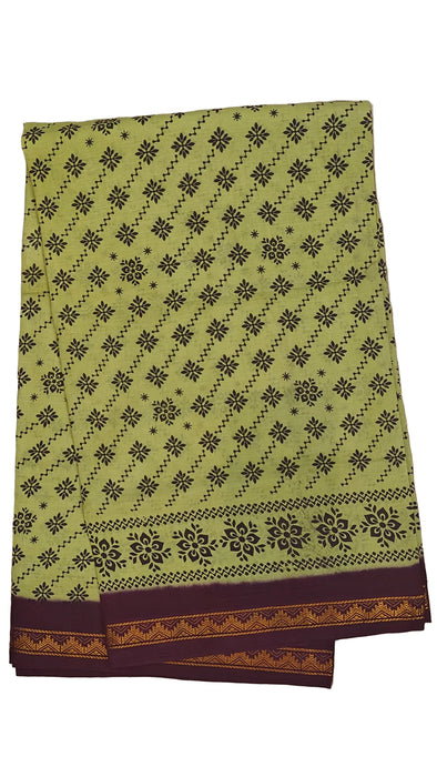 Rani Sungudi Cotton Sarees Double Side Zari Border Small Flower Print-Yellowishgreen-Purple