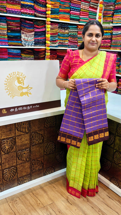 Rani Sungudi Premium Cotton Big Zari Checks- Violet With CoffeeBrown