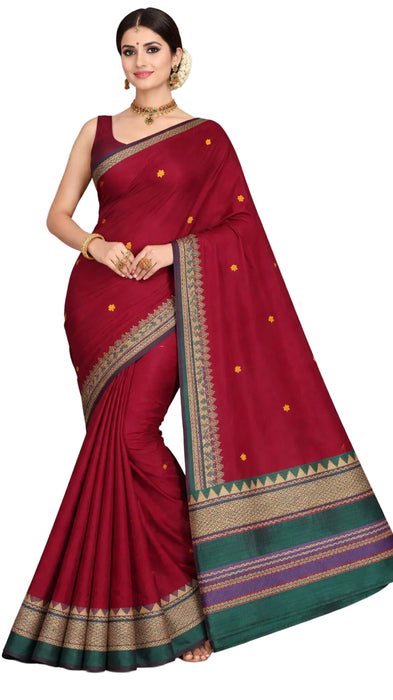 Rani Rich Cotton Saree – Maroon With Green Thread Border