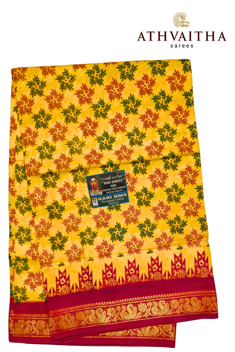 Madurai Rani Sungudi Cotton With Doubleside Small Zari Border Contrast-Flower Rangoli