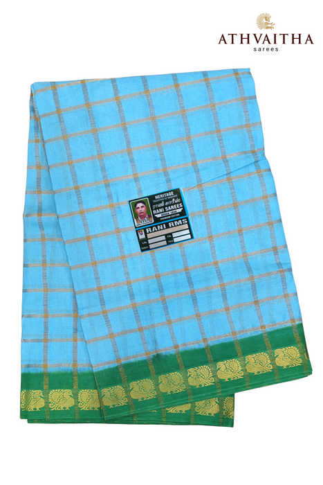 Rani Sungudi Premium Cotton Big Zari Checks-Light Blue