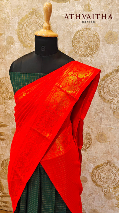 Heritage Rani Cotton Half Saree Material-Bottlegreen-Red