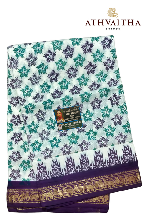 Madurai Rani Sungudi Cotton With Doubleside Small Zari Border Contrast-Flower Rangoli