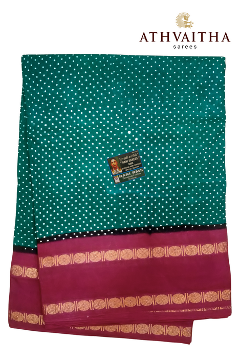 Madurai Rani Sungudi Pure Cotton Rudraksha Border Contrast Madisar Sarees 10.5Yards - Single Small Dot