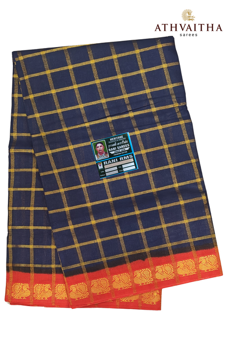 Rani Sungudi Premium Cotton Big Zari Checks-Dark Blue