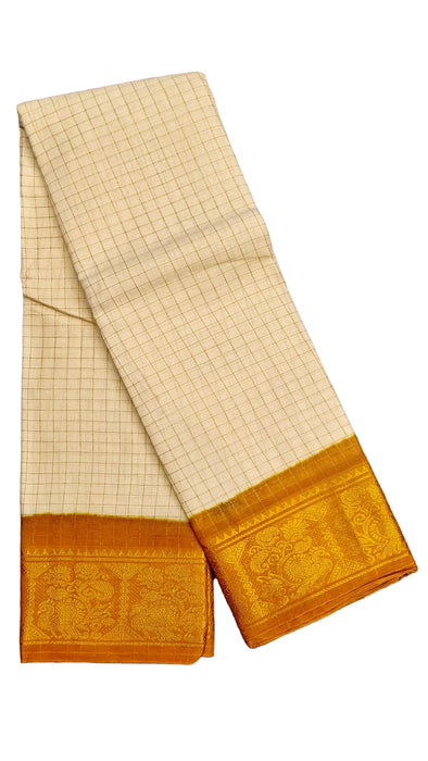 Rani Sungudi Cotton Zari Checks Contrast Double Side Boder -OffWhite-Mustard