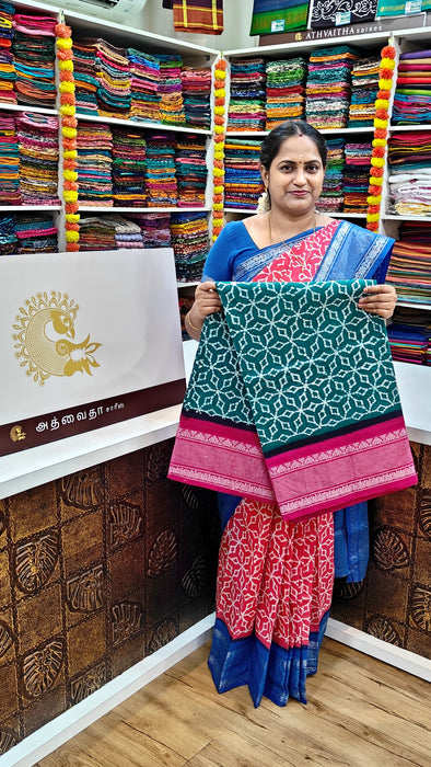 Rani Sungudi Sarees Double Side Silve Tissue Border Fancy Wax Print