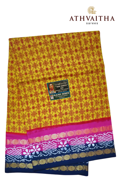Madurai Pure Sungudi Cotton Rani Sarees With Doubleside Rudraksha Border Contrast-3D Rangoli-2